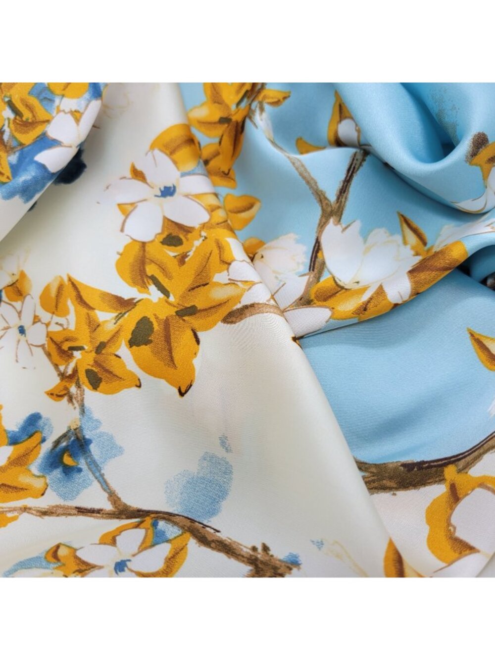 Luxurious Elegant Silky Square Scarf Blue White Orange Floral Blossom Wrap hijab - Picture 3 of 5